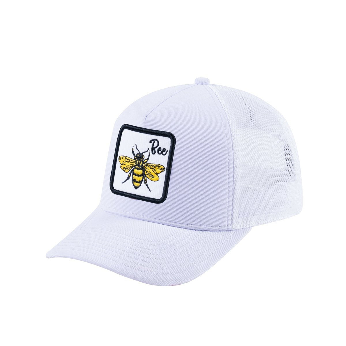 Unisex V2 Embroidered The Bee, 5-Panel Trucker Hat, White/White, Adjustable Fit
