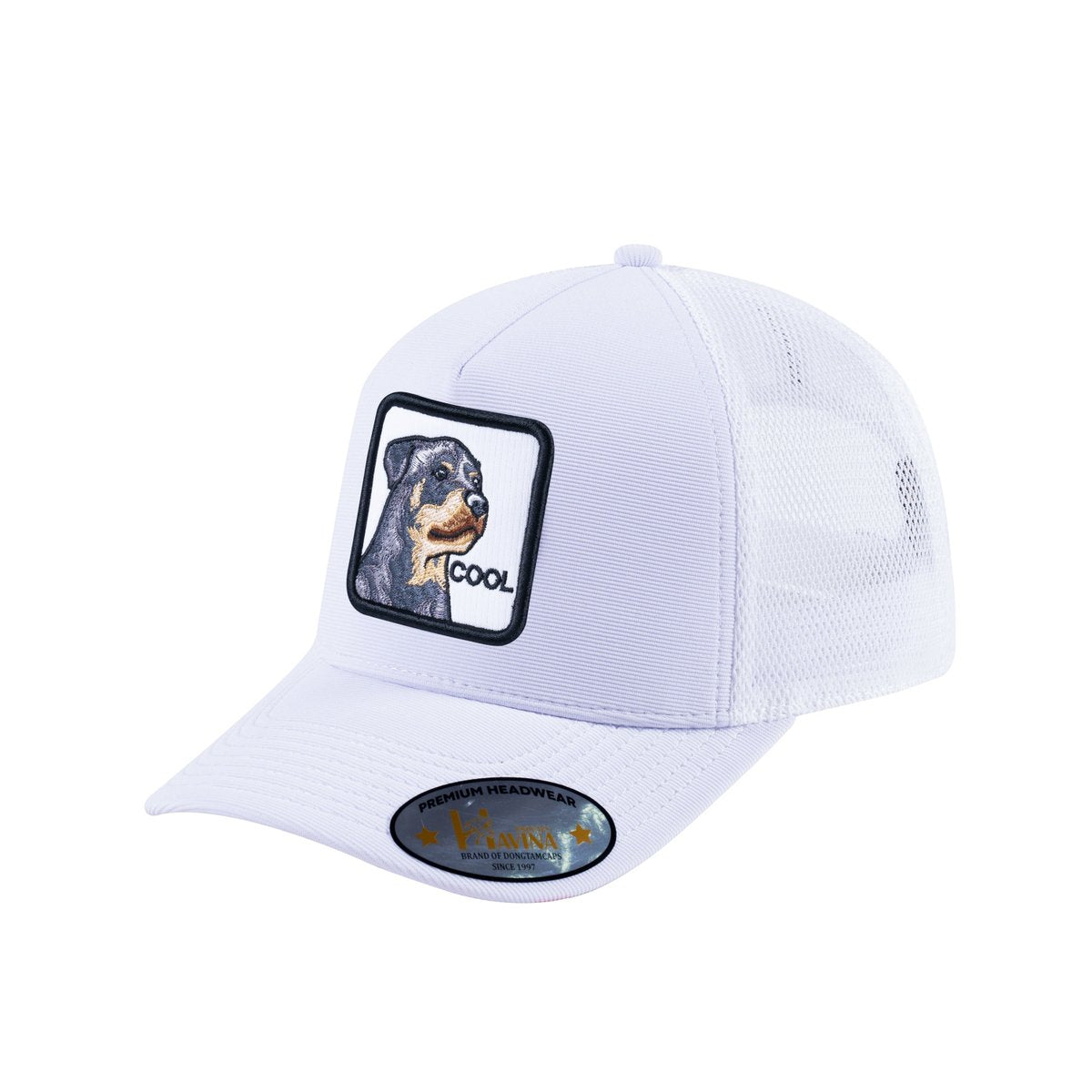 Unisex V2 Embroidered The Dog, 5-Panel Trucker Hat, White/White, Adjustable Fit