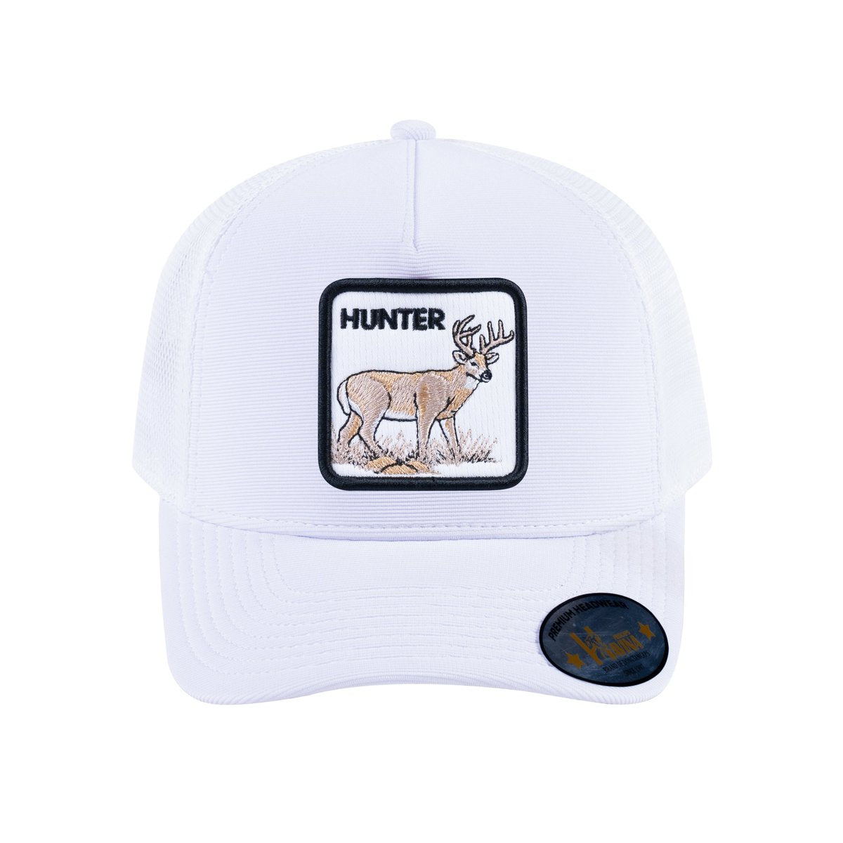 Unisex V2 Embroidered The Hunter, 5-Panel Trucker Hat, White/White, Adjustable Fit