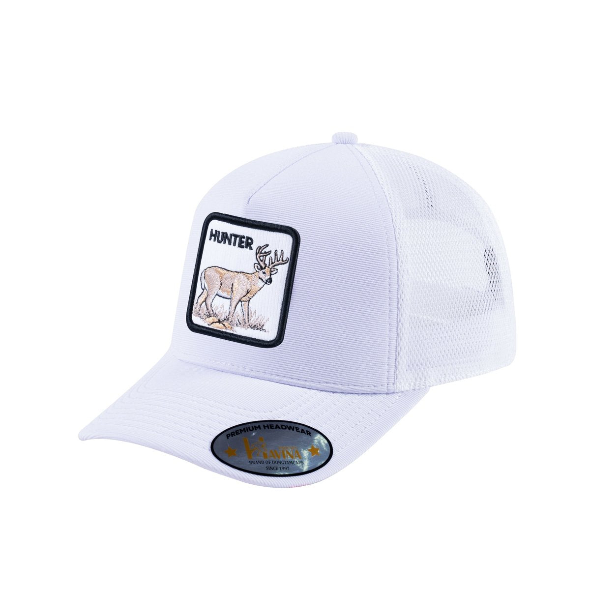 Unisex V2 Embroidered The Hunter, 5-Panel Trucker Hat, White/White, Adjustable Fit