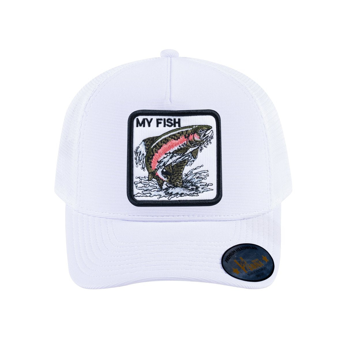 Unisex V2 Embroidered The Salmon, 5-Panel Trucker Hat, White/White, Adjustable Fit