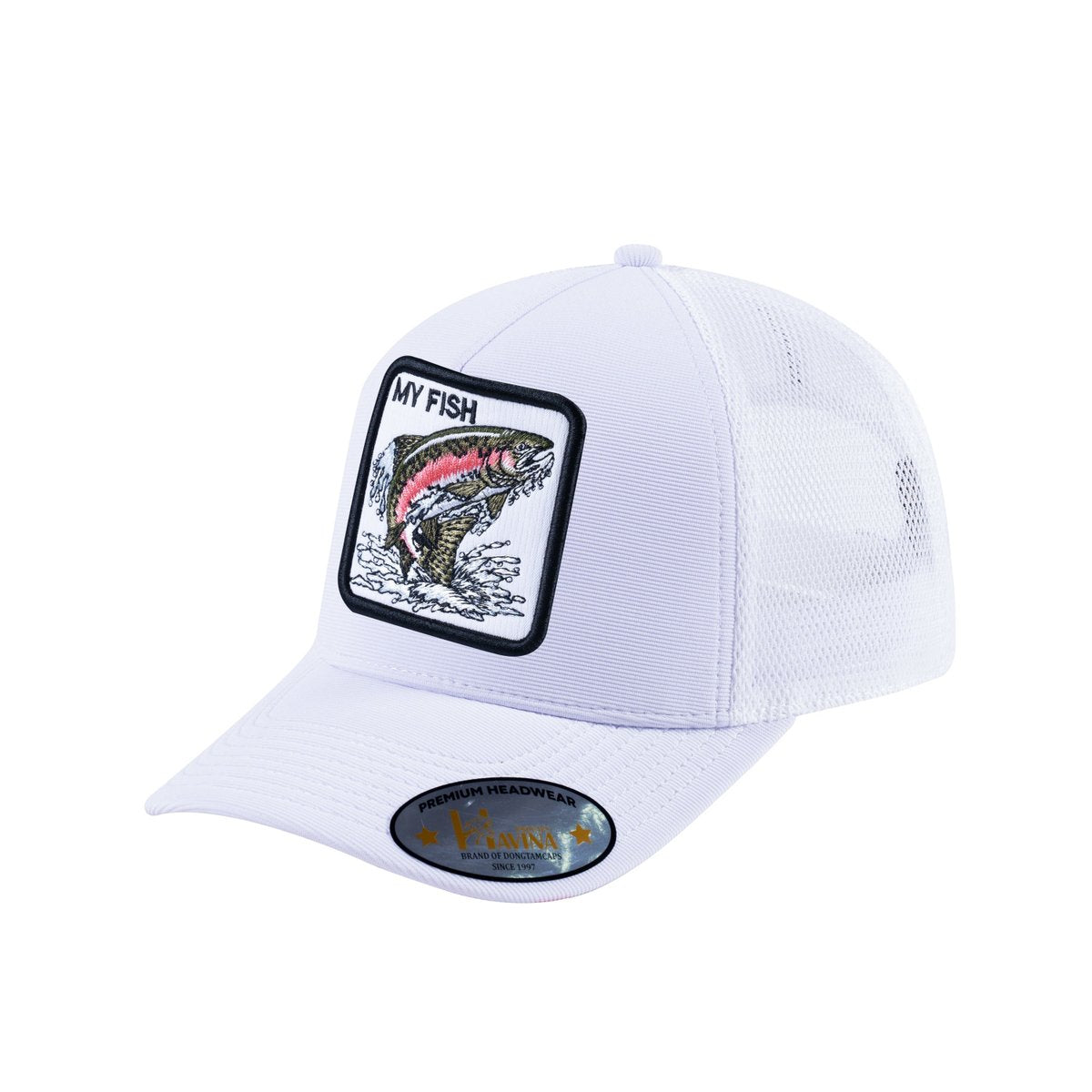 Unisex V2 Embroidered The Salmon, 5-Panel Trucker Hat, White/White, Adjustable Fit