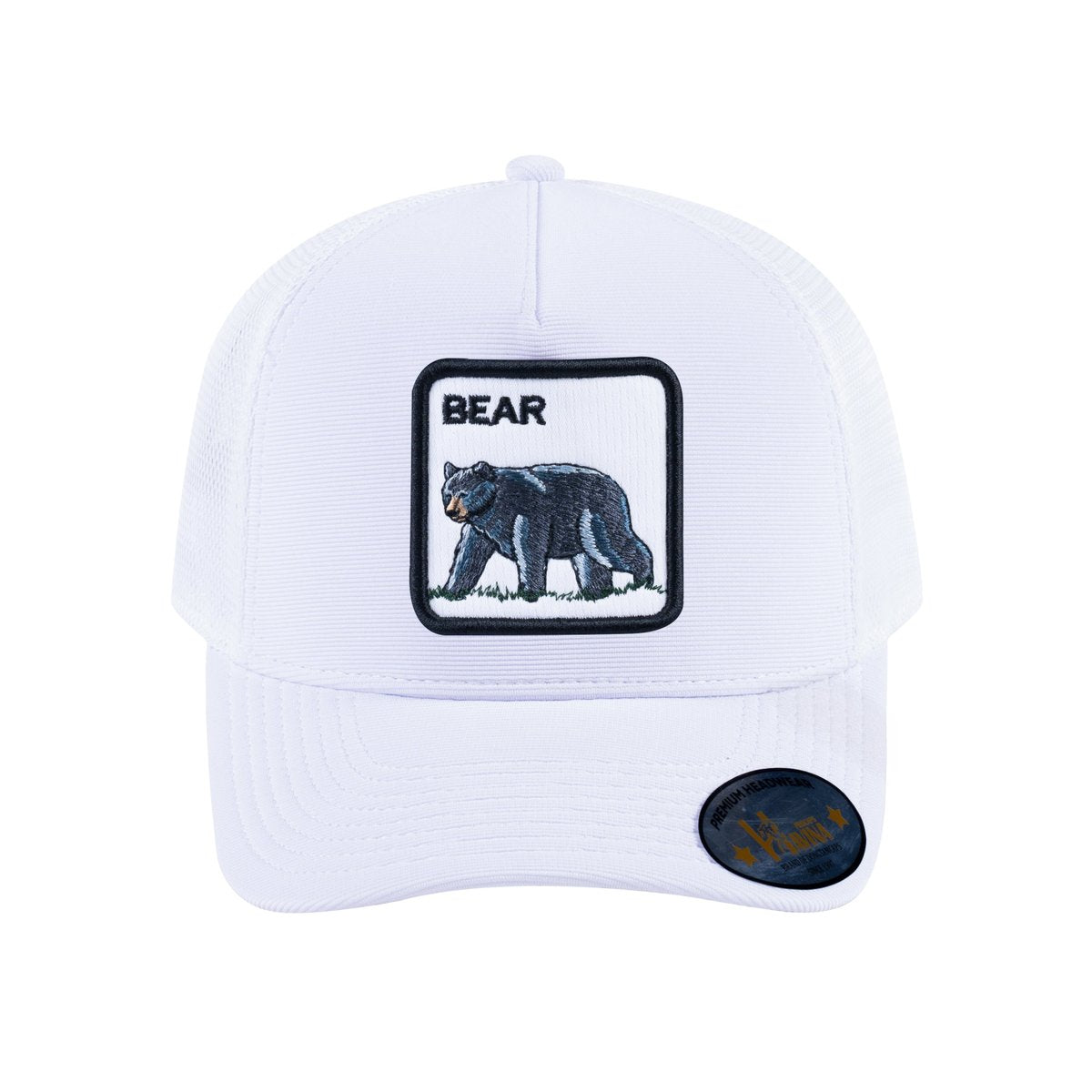 Unisex V2 Embroidered The Bear V2, 5-Panel Trucker Hat, White/White, Adjustable Fit