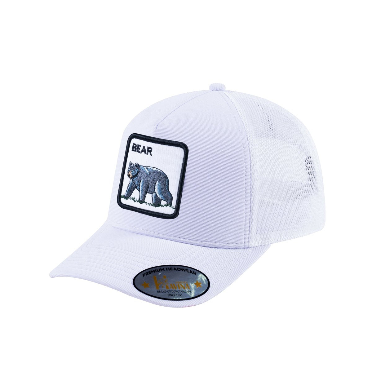 Unisex V2 Embroidered The Bear V2, 5-Panel Trucker Hat, White/White, Adjustable Fit