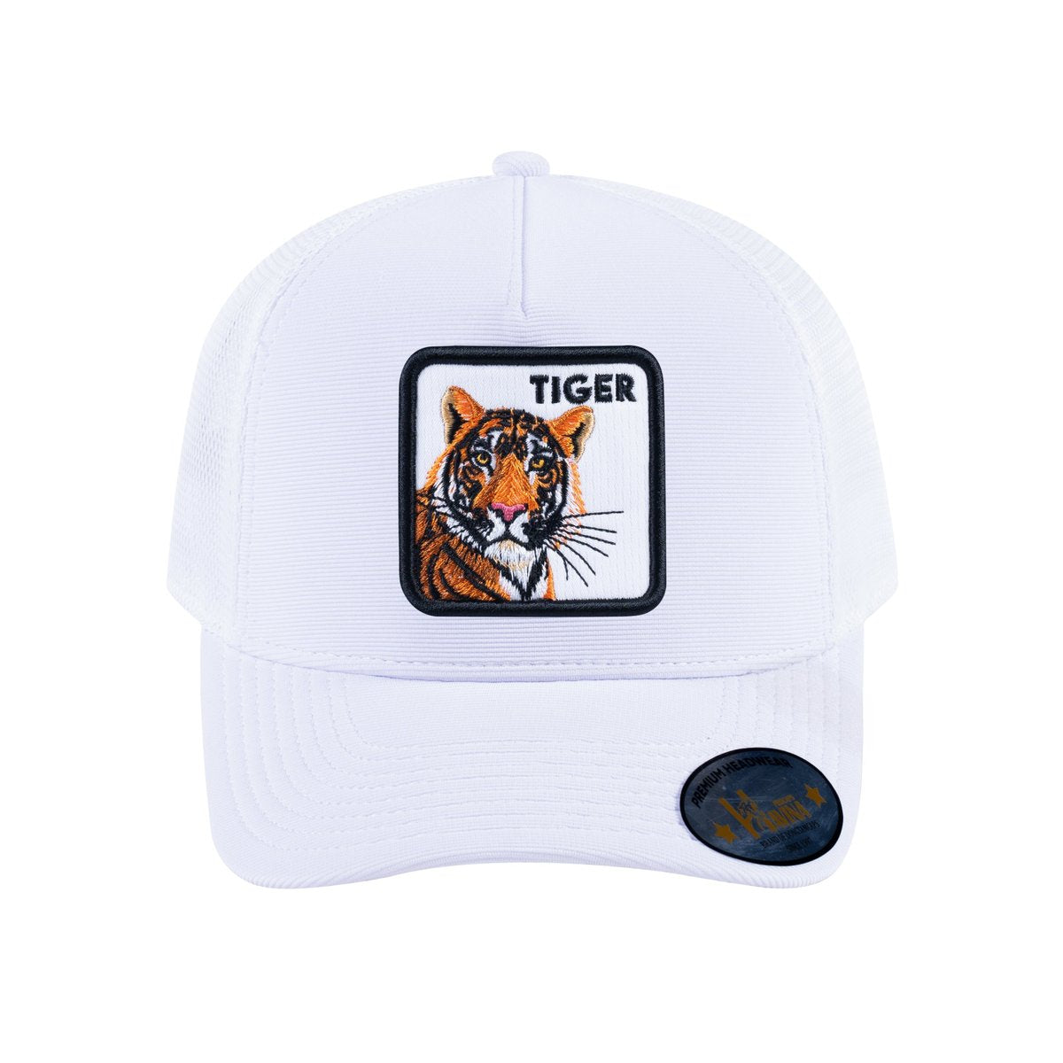 Unisex V2 Embroidered The Tiger, 5-Panel Trucker Hat, White/White, Adjustable Fit