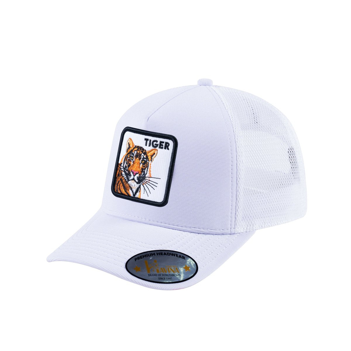 Unisex V2 Embroidered The Tiger, 5-Panel Trucker Hat, White/White, Adjustable Fit