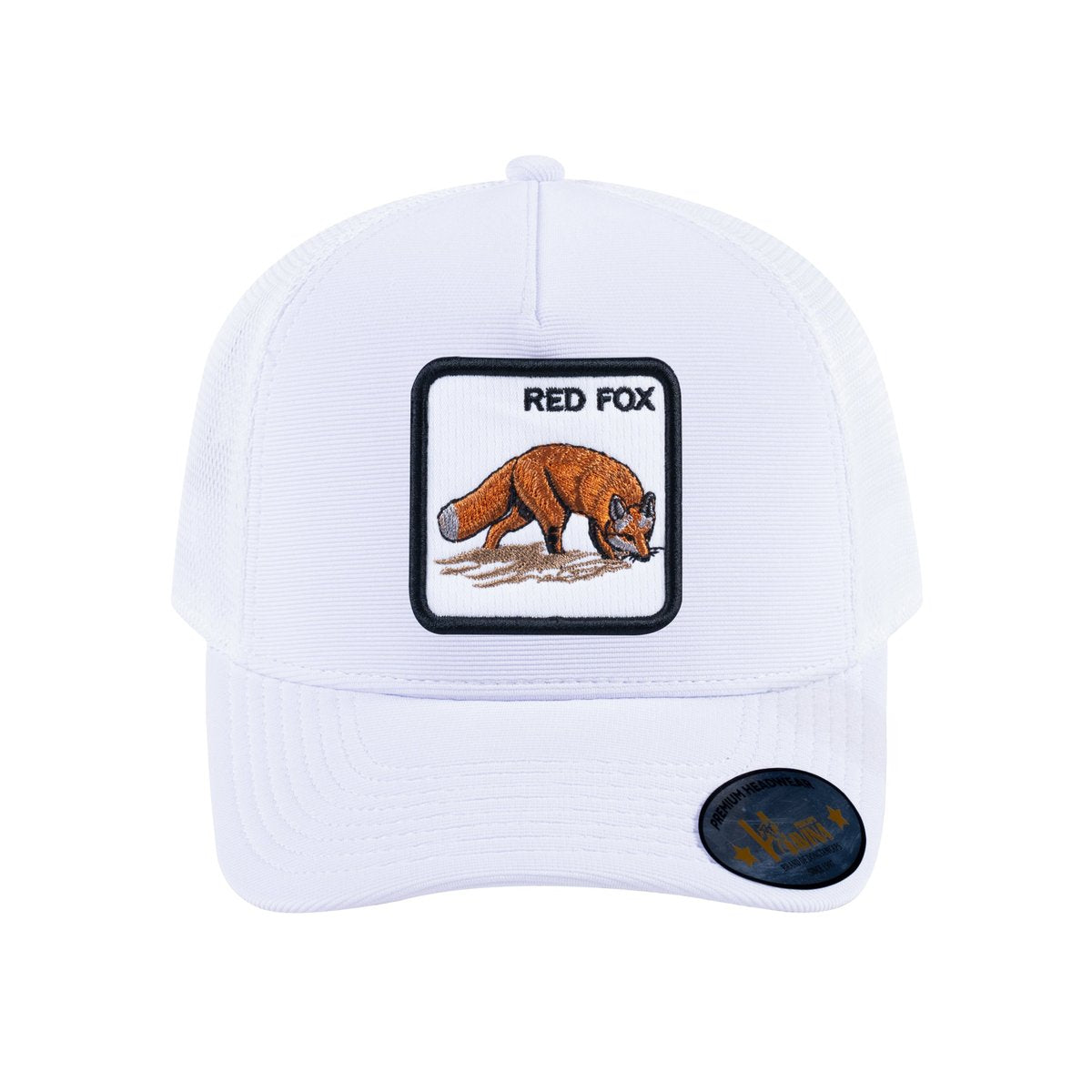 Unisex V2 Embroidered The Red Fox, 5-Panel Trucker Hat, White/White, Adjustable Fit