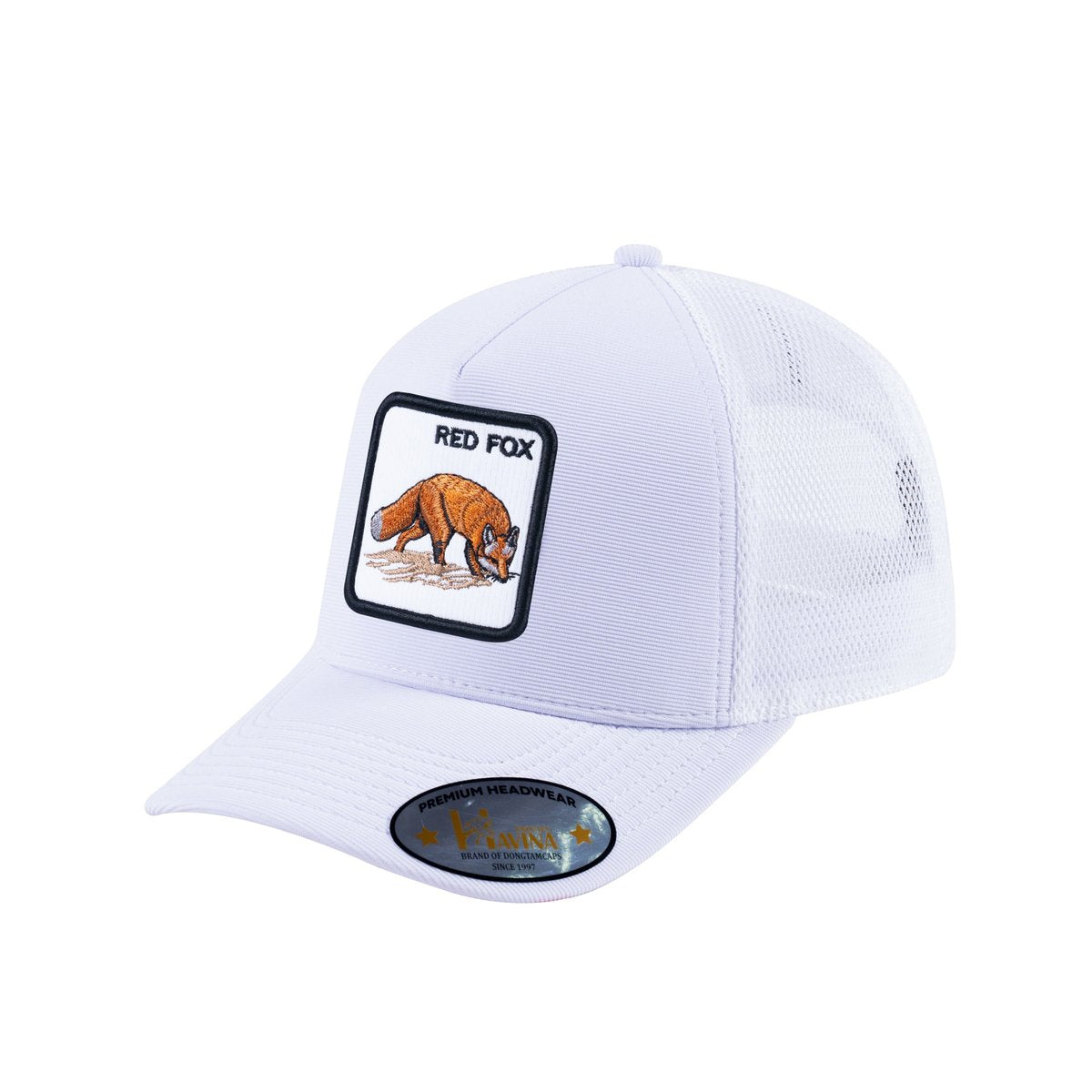 Unisex V2 Embroidered The Red Fox, 5-Panel Trucker Hat, White/White, Adjustable Fit