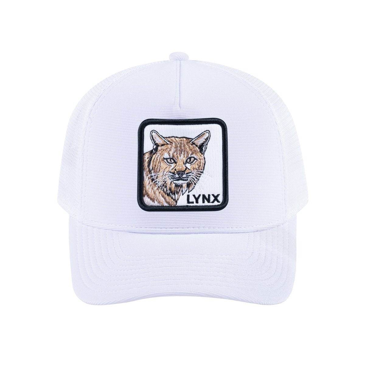Unisex V2 Embroidered The Lynx, 5-Panel Trucker Hat, White/White, Adjustable Fit
