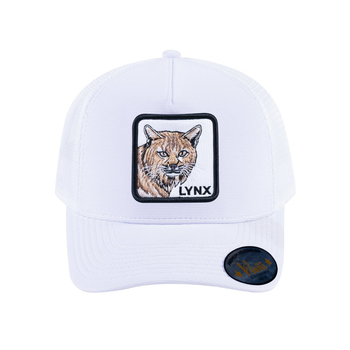 Unisex V2 Embroidered The Lynx, 5-Panel Trucker Hat, White/White, Adjustable Fit
