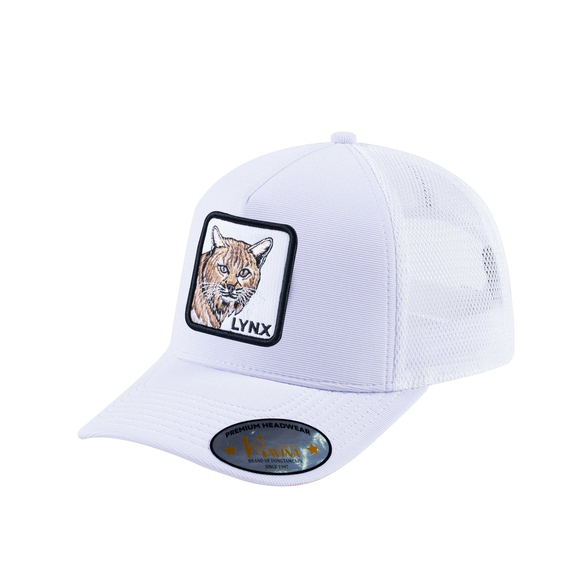 Unisex V2 Embroidered The Lynx, 5-Panel Trucker Hat, White/White, Adjustable Fit