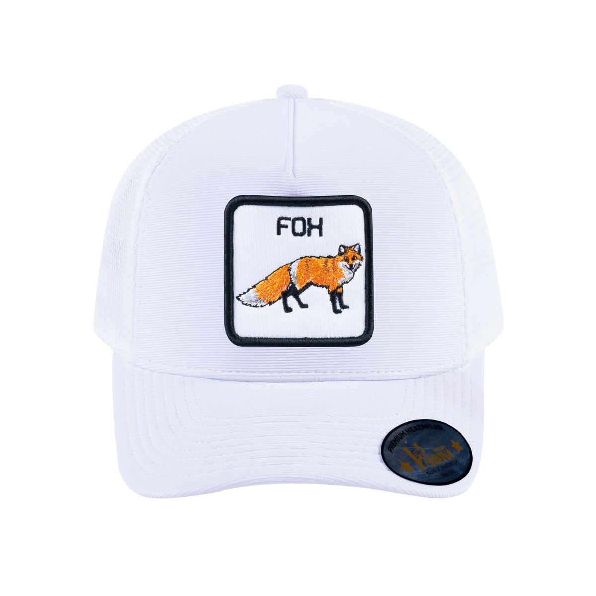 Unisex V2 Embroidered The Fox, 5-Panel Trucker Hat, White/White, Adjustable Fit