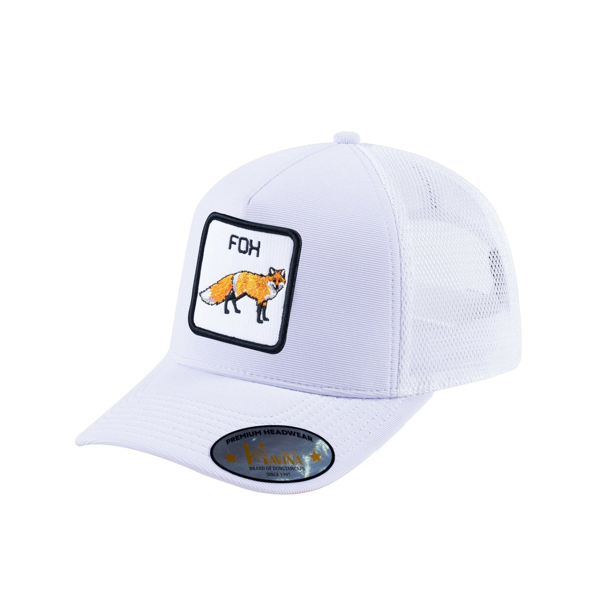 Unisex V2 Embroidered The Fox, 5-Panel Trucker Hat, White/White, Adjustable Fit