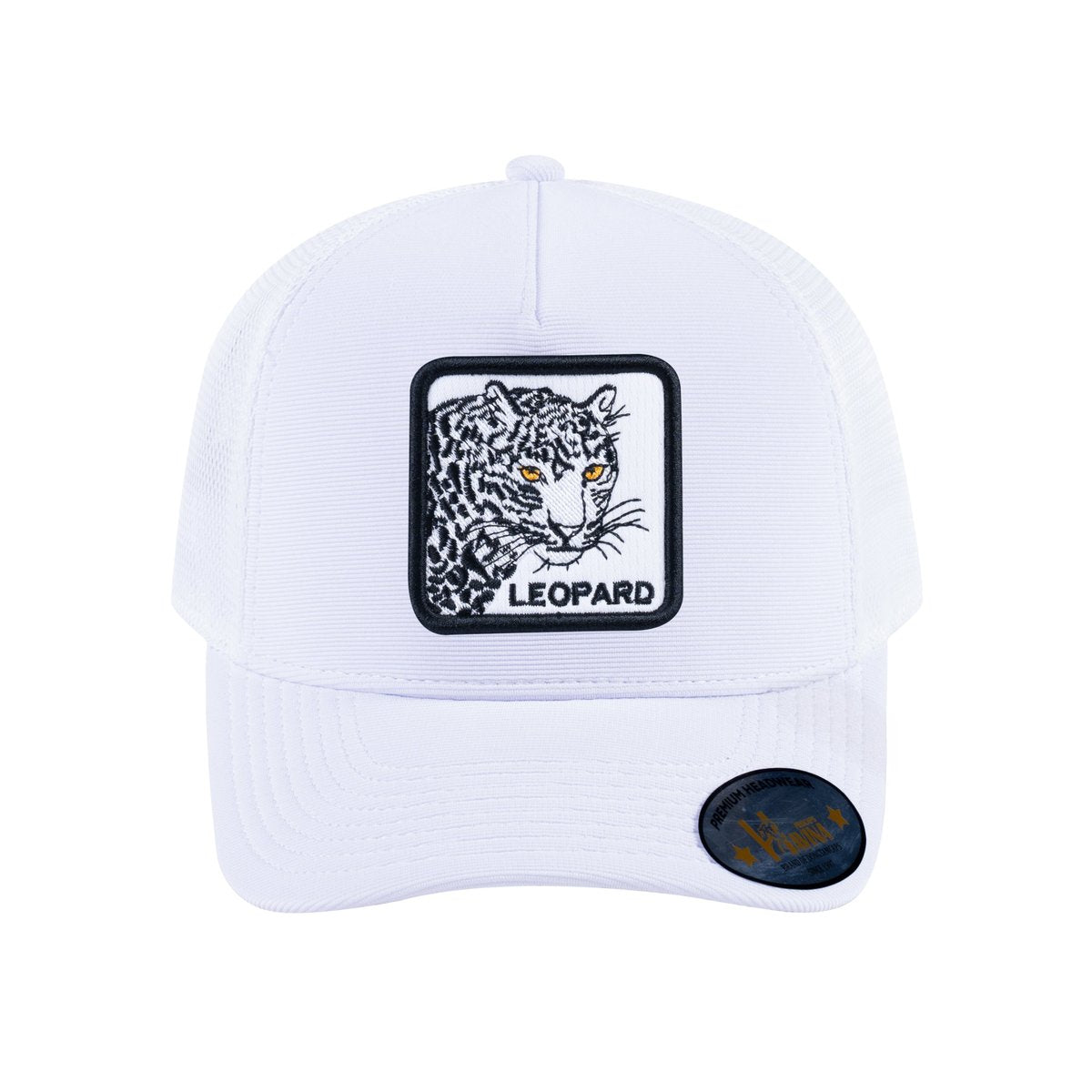 Unisex V2 Embroidered The Leopard, 5-Panel Trucker Hat, White/White, Adjustable Fit