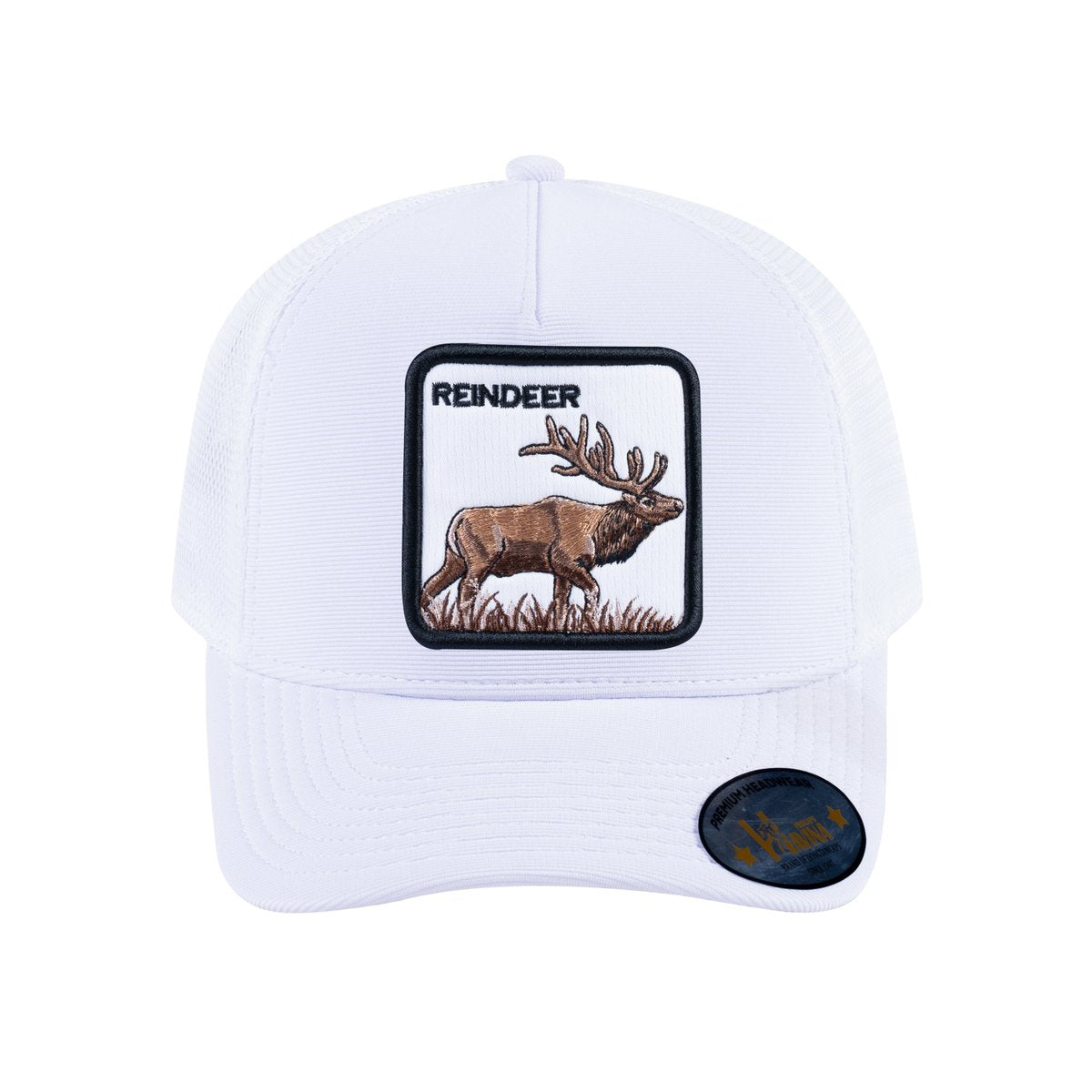 Unisex V2 Embroidered The Reindeer, 5-Panel Trucker Hat, White/White, Adjustable Fit