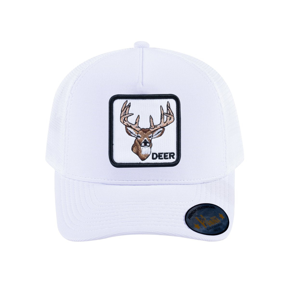 Unisex V2 Embroidered The Deer, 5-Panel Trucker Hat, White/White, Adjustable Fit