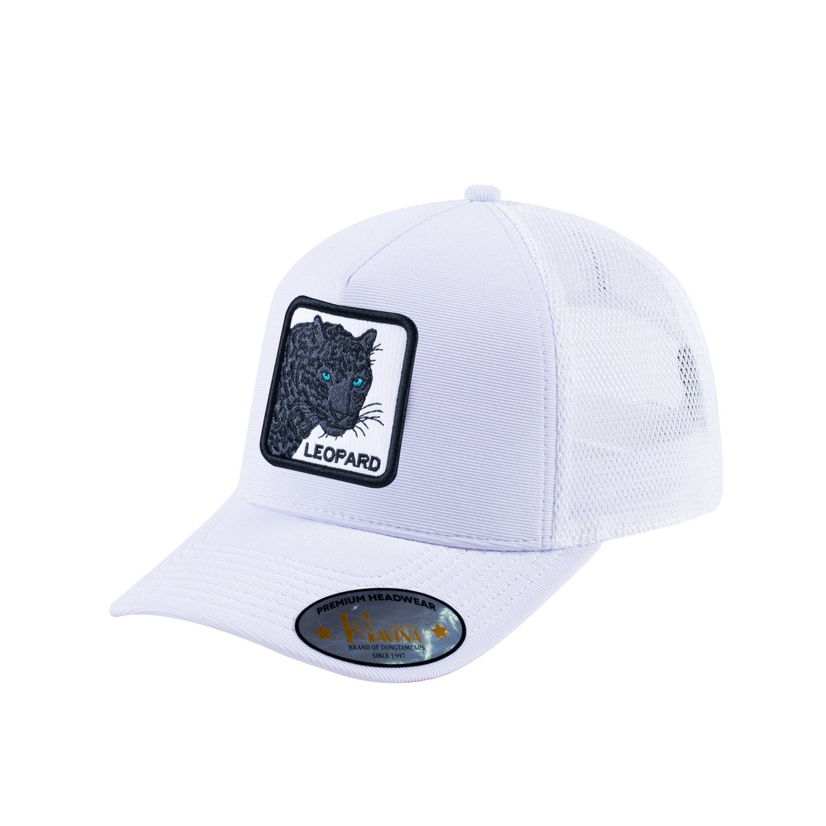 Unisex V2 Embroidered The Leopard V2, 5-Panel Trucker Hat, White/White, Adjustable Fit