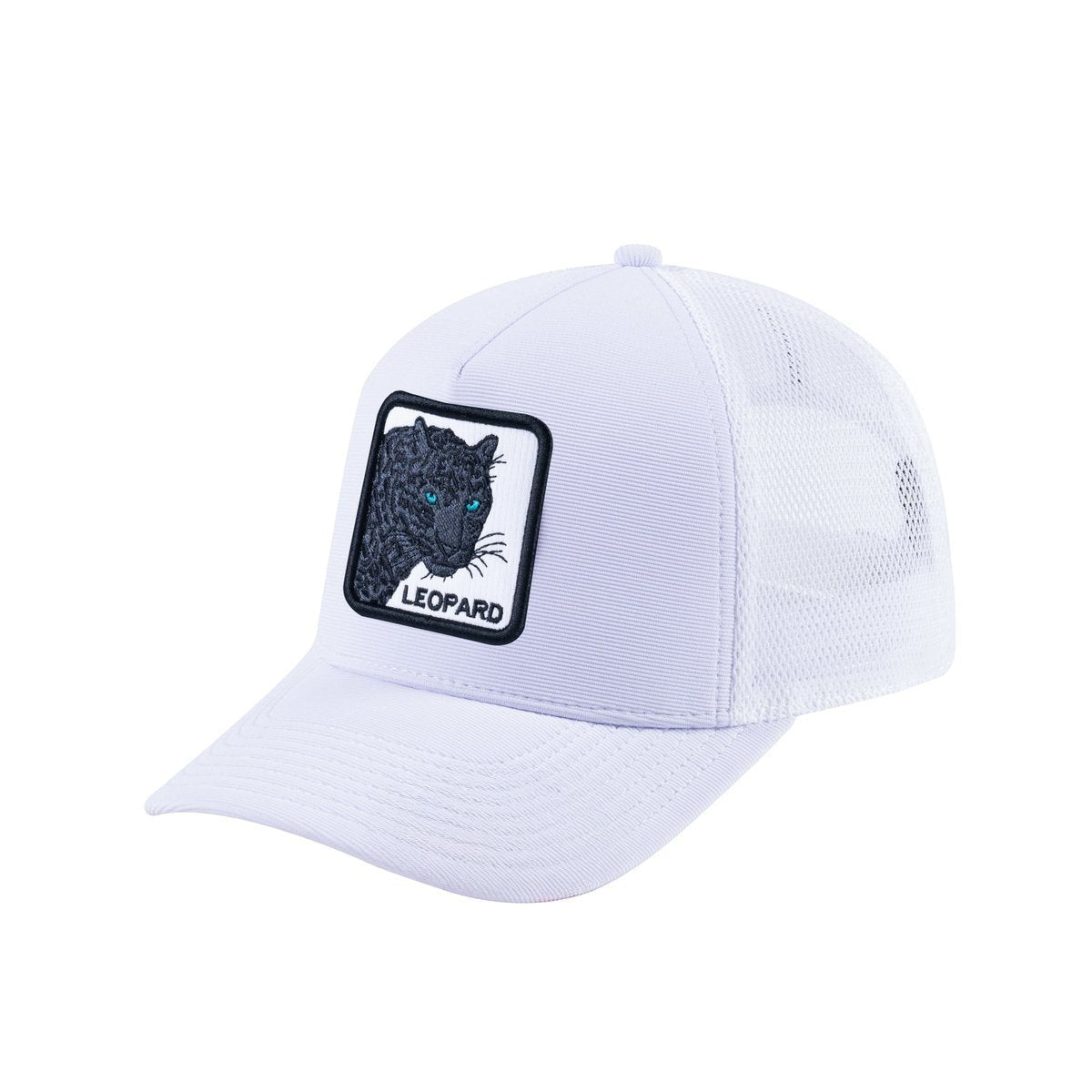 Unisex V2 Embroidered The Leopard V2, 5-Panel Trucker Hat, White/White, Adjustable Fit