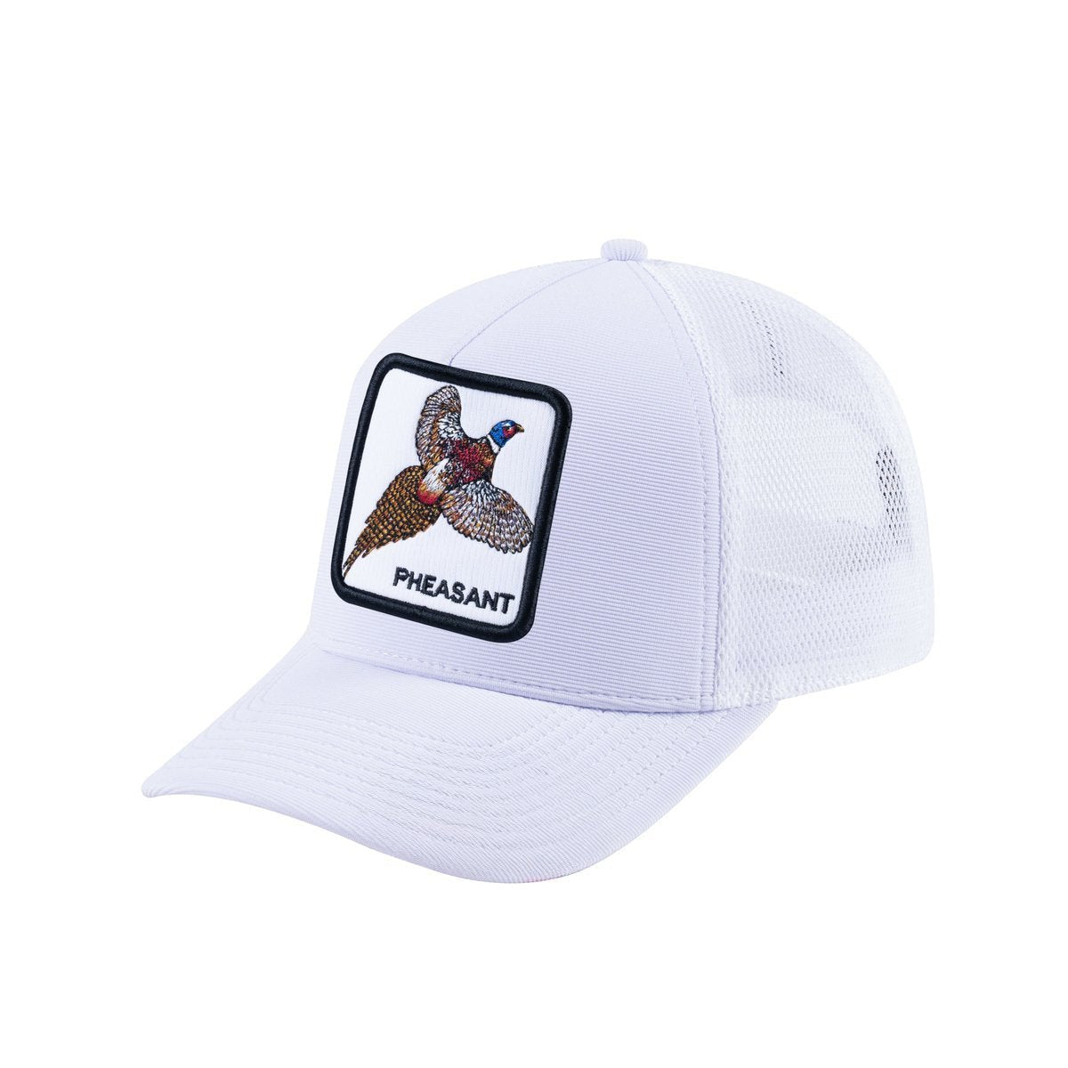 Unisex V2 Embroidered The Pheasant, 5-Panel Trucker Hat, White/White, Adjustable Fit