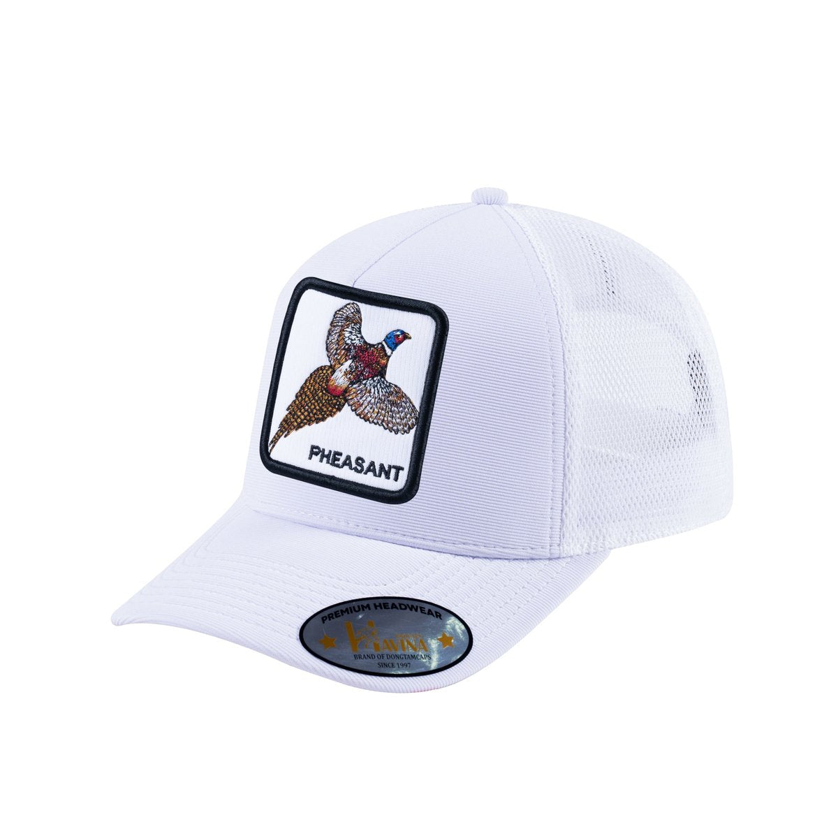 Unisex V2 Embroidered The Pheasant, 5-Panel Trucker Hat, White/White, Adjustable Fit