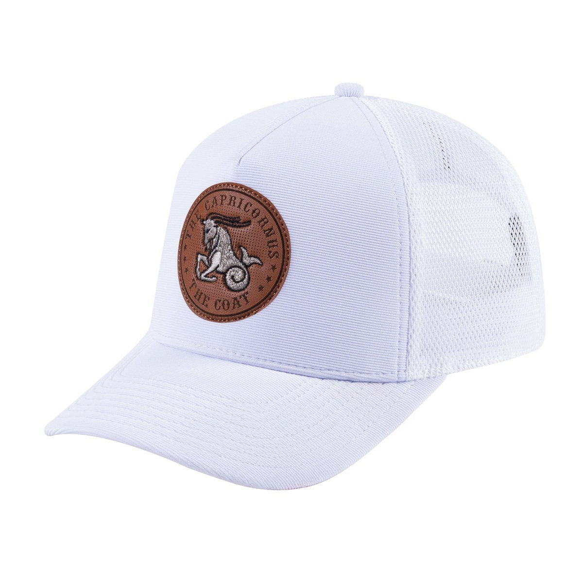 Unisex V2 Embroidered And Laser-Engraved Capricorn Zodiac (December 22, January 19), 5-Panel Trucker Hat, White/White, Adjustable Fit