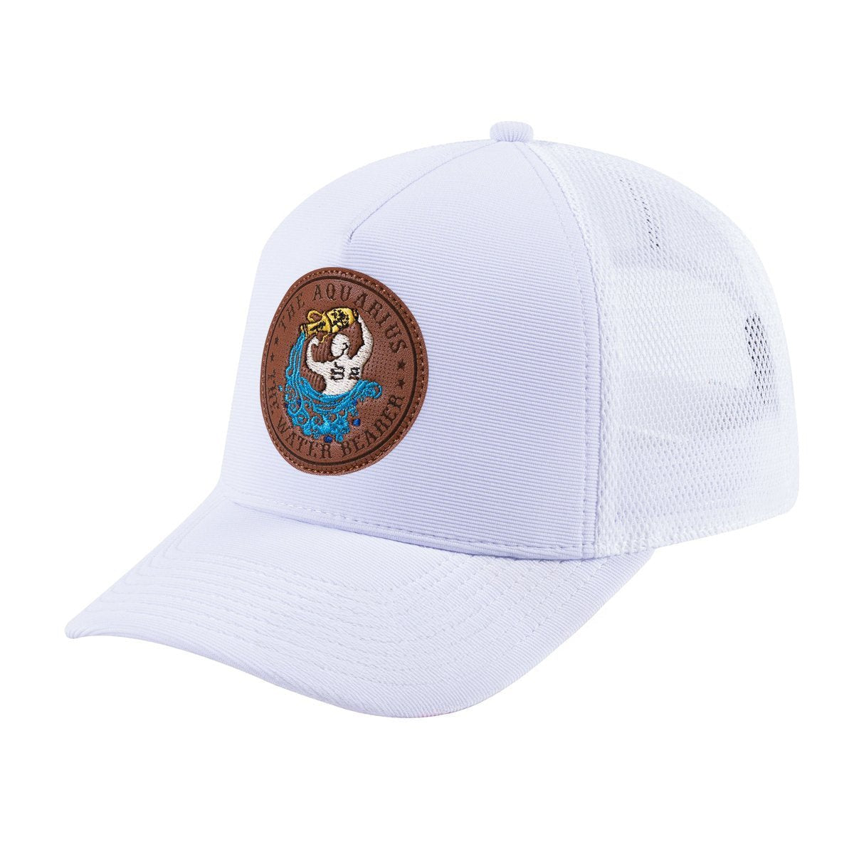 Unisex V2 Embroidered And Laser-Engraved Aquarius Zodiac (January 20, February 18), 5-Panel Trucker Hat, White/White, Adjustable Fit