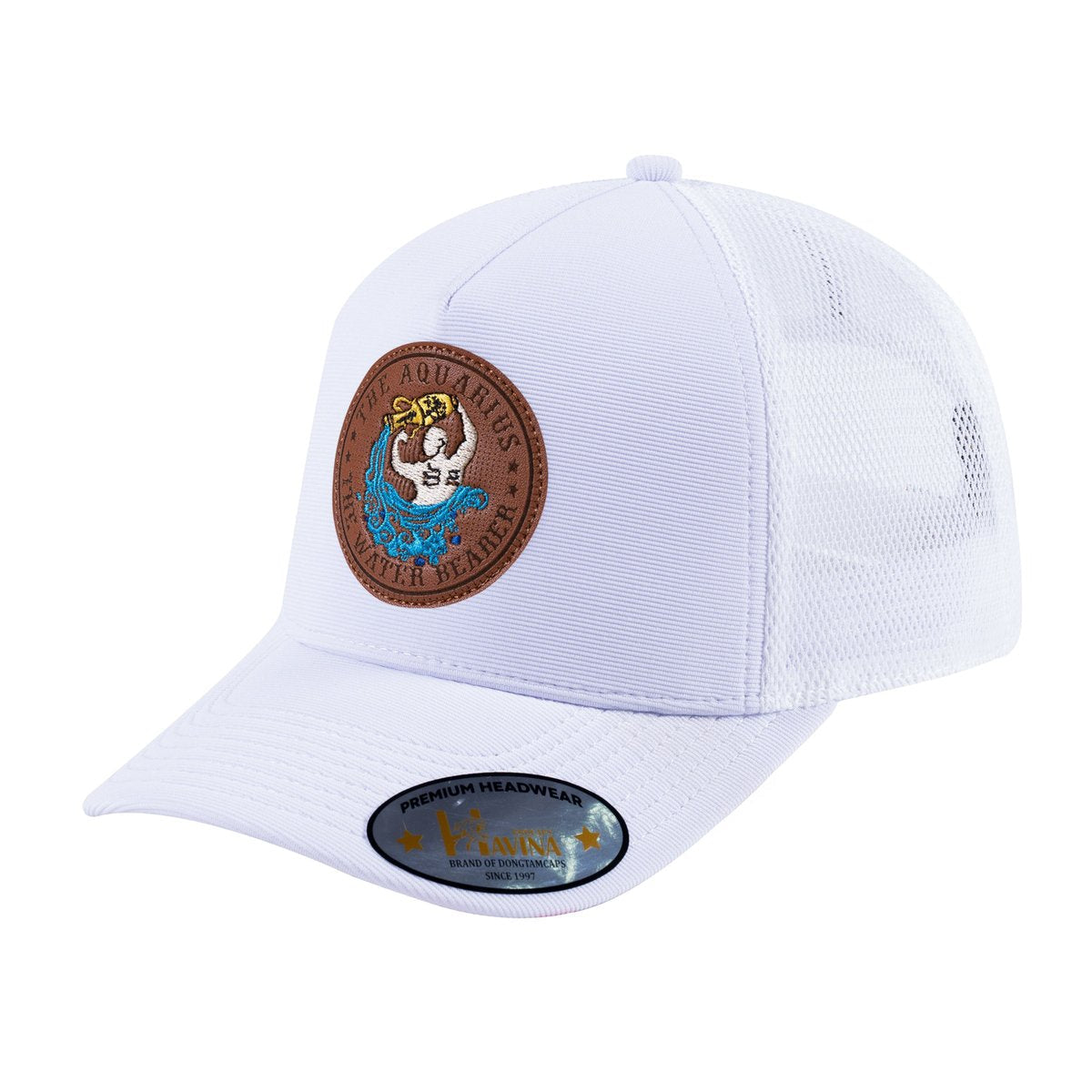 Unisex V2 Embroidered And Laser-Engraved Aquarius Zodiac (January 20, February 18), 5-Panel Trucker Hat, White/White, Adjustable Fit