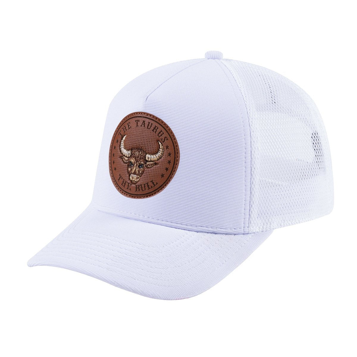 Unisex V2 Embroidered And Laser-Engraved Taurus Zodiac (April 20, May 20), 5-Panel Trucker Hat, White/White, Adjustable Fit