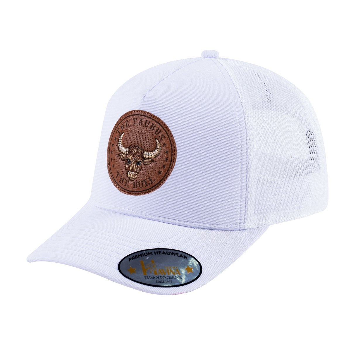 Unisex V2 Embroidered And Laser-Engraved Taurus Zodiac (April 20, May 20), 5-Panel Trucker Hat, White/White, Adjustable Fit