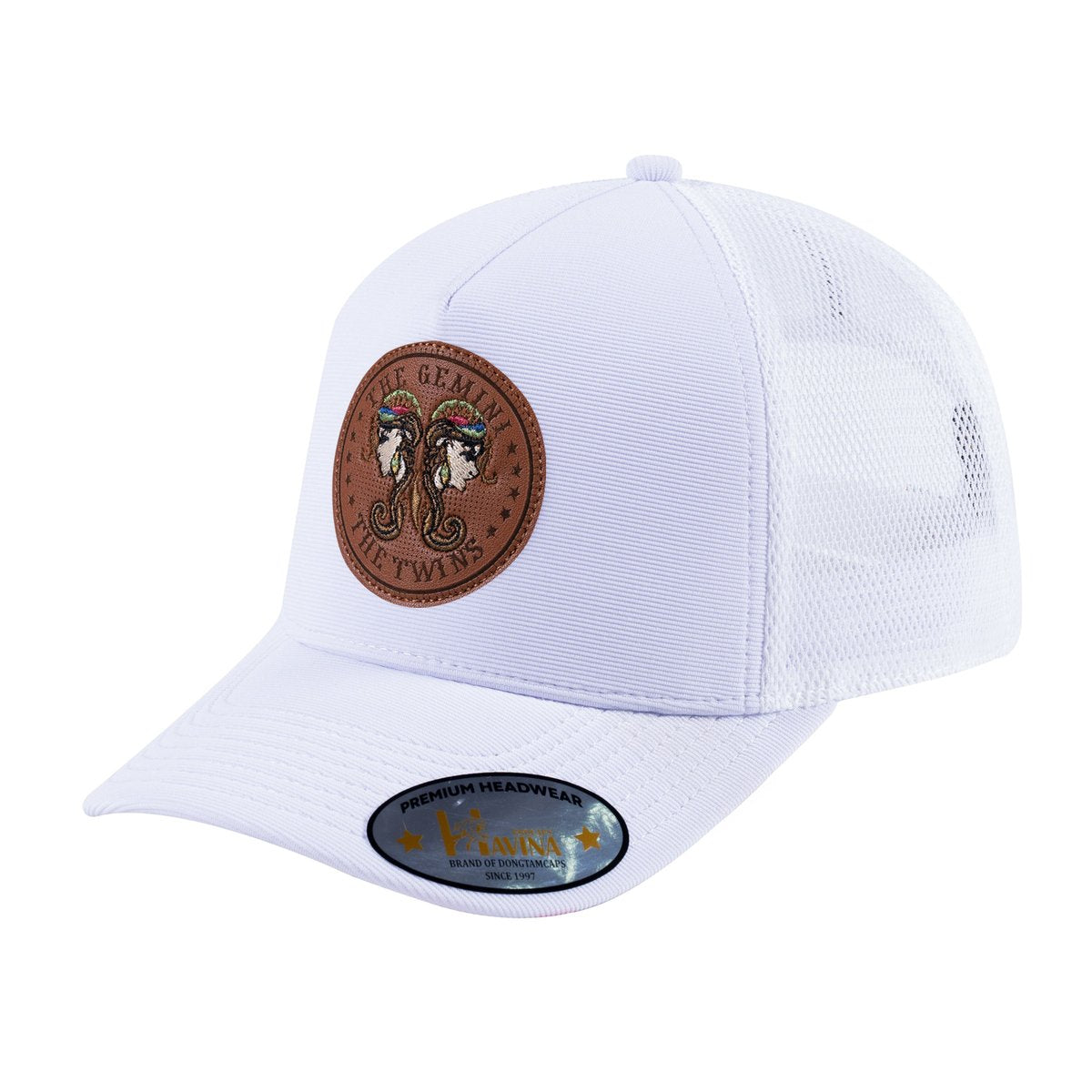 Unisex V2 Embroidered And Laser-Engraved Gemini Zodiac (May 21, June 20), 5-Panel Trucker Hat, White/White, Adjustable Fit
