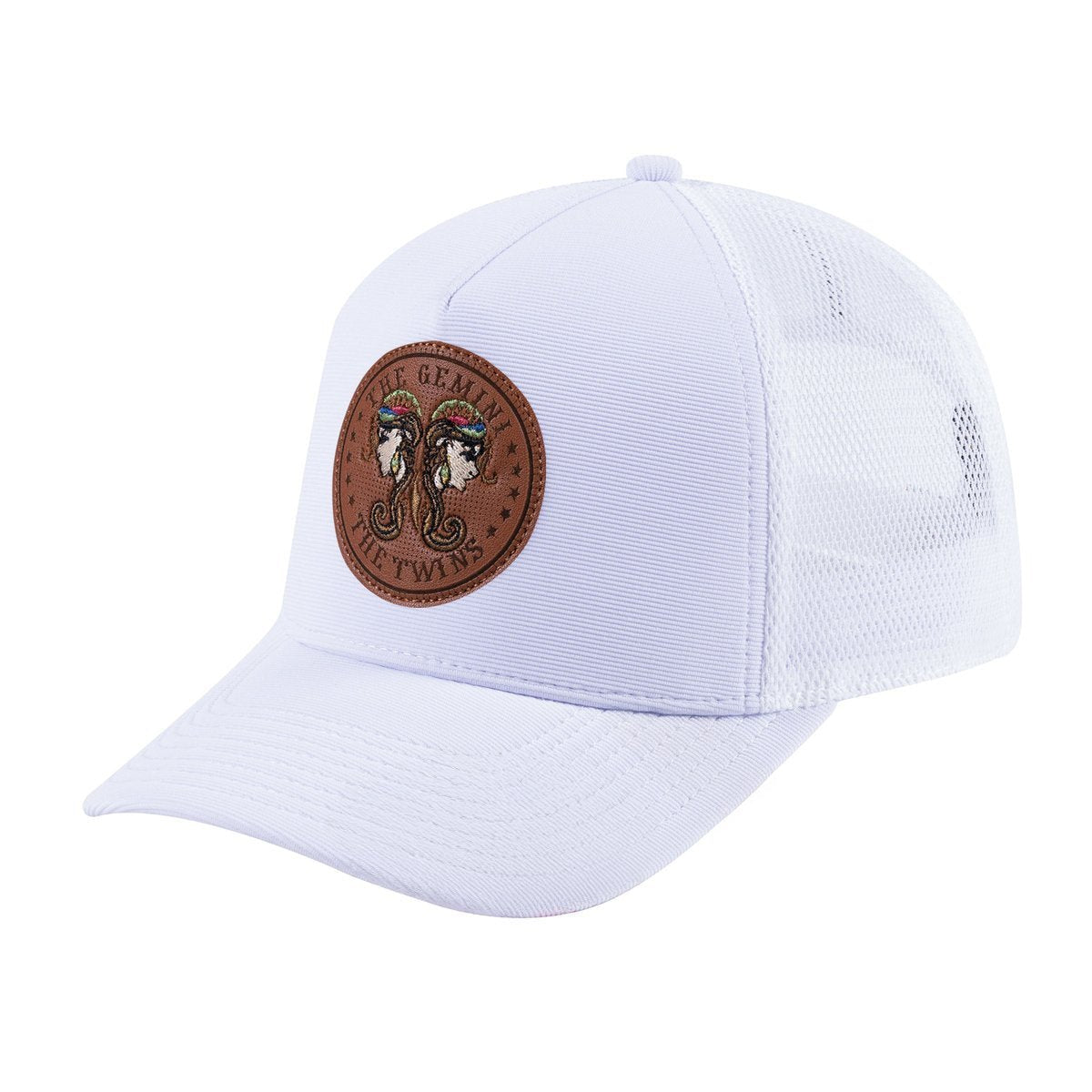 Unisex V2 Embroidered And Laser-Engraved Gemini Zodiac (May 21, June 20), 5-Panel Trucker Hat, White/White, Adjustable Fit