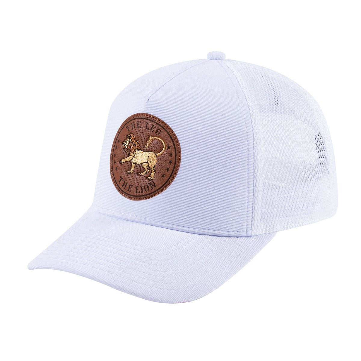 Unisex V2 Embroidered And Laser-Engraved Leo Zodiac (July 23, August 22), 5-Panel Trucker Hat, White/White, Adjustable Fit