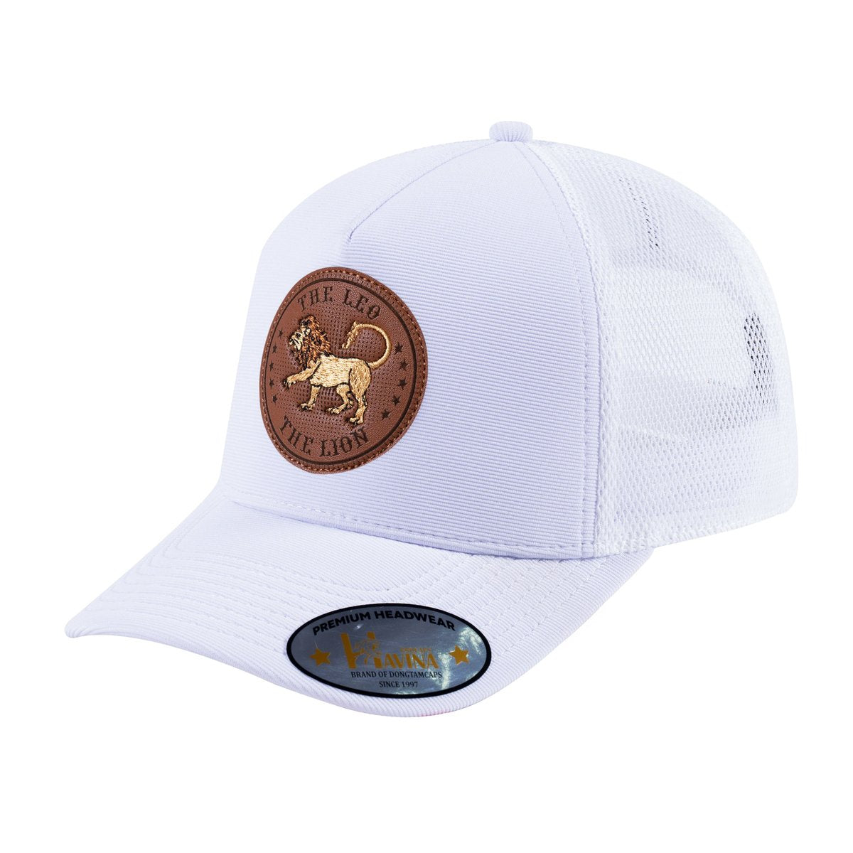 Unisex V2 Embroidered And Laser-Engraved Leo Zodiac (July 23, August 22), 5-Panel Trucker Hat, White/White, Adjustable Fit