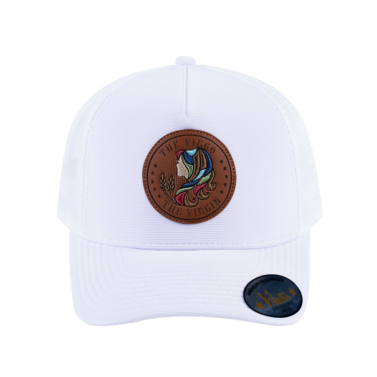 Unisex V2 Embroidered And Laser-Engraved Virgo Zodiac (August 23, September 22), 5-Panel Trucker Hat, White/White, Adjustable Fit