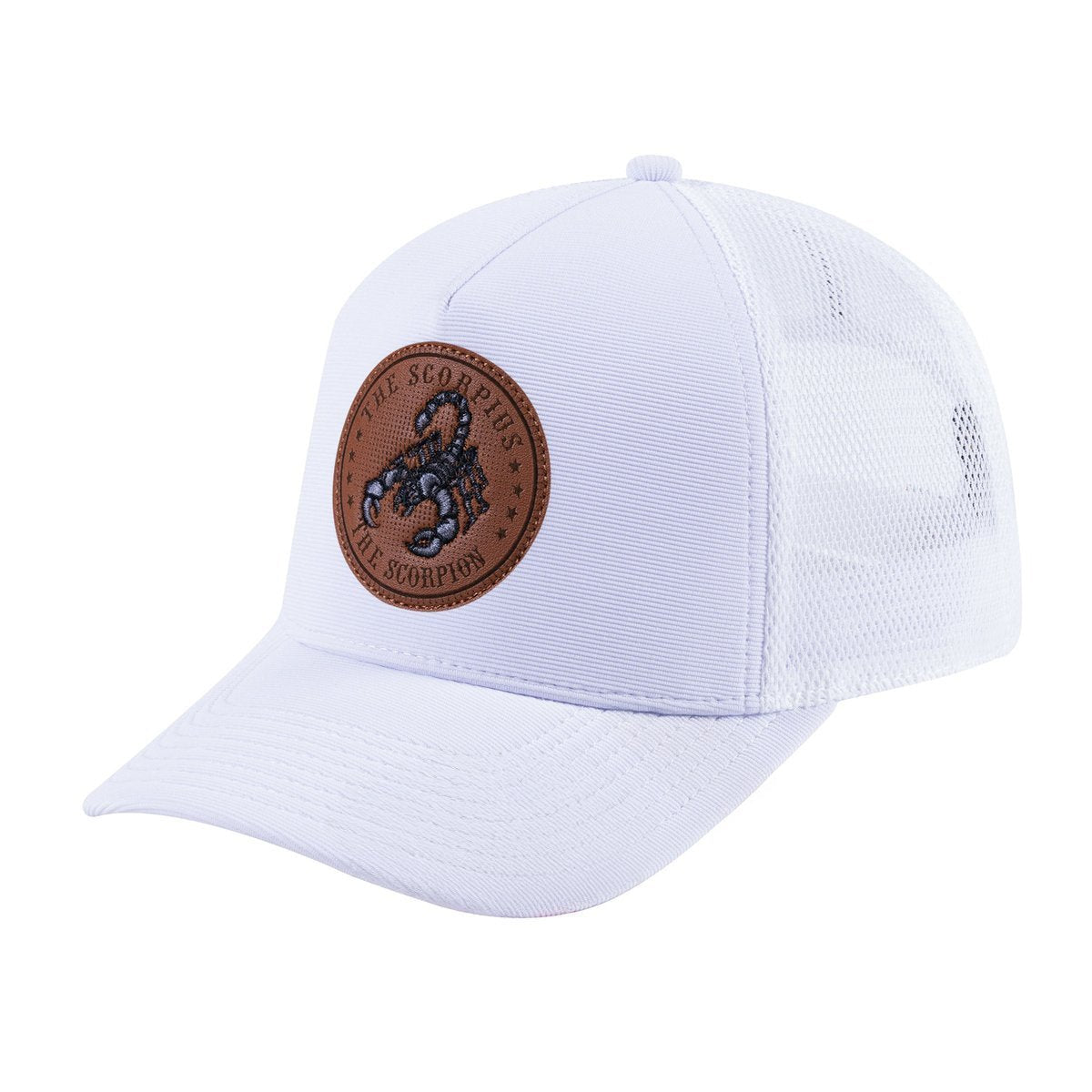 Unisex V2 Embroidered And Laser-Engraved Scorpius Zodiac (October 23, November 21), 5-Panel Trucker Hat, White/White, Adjustable Fit