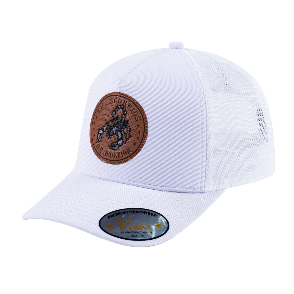 Unisex V2 Embroidered And Laser-Engraved Scorpius Zodiac (October 23, November 21), 5-Panel Trucker Hat, White/White, Adjustable Fit