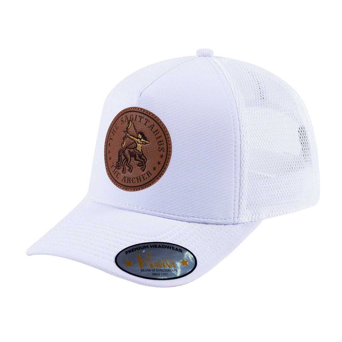 Unisex V2 Embroidered And Laser-Engraved Sagittarius Zodiac (November 22, December 21), 5-Panel Trucker Hat, White/White, Adjustable Fit