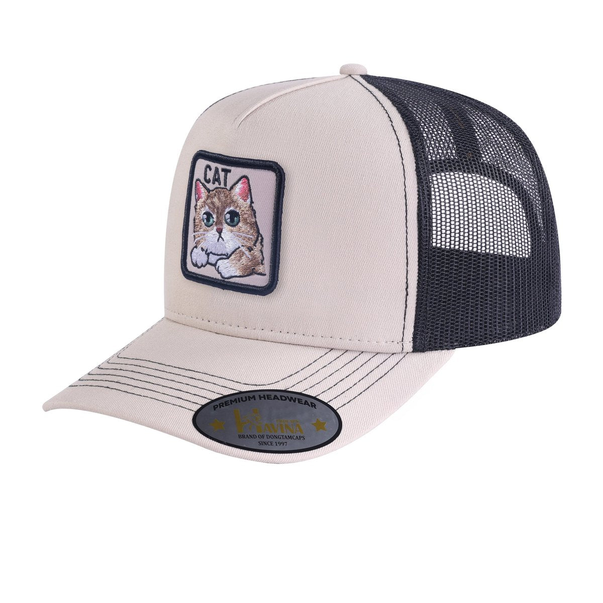 Unisex Embroidered The Cat, 5-Panel Trucker Hat, Beige/Black, Adjustable Fit