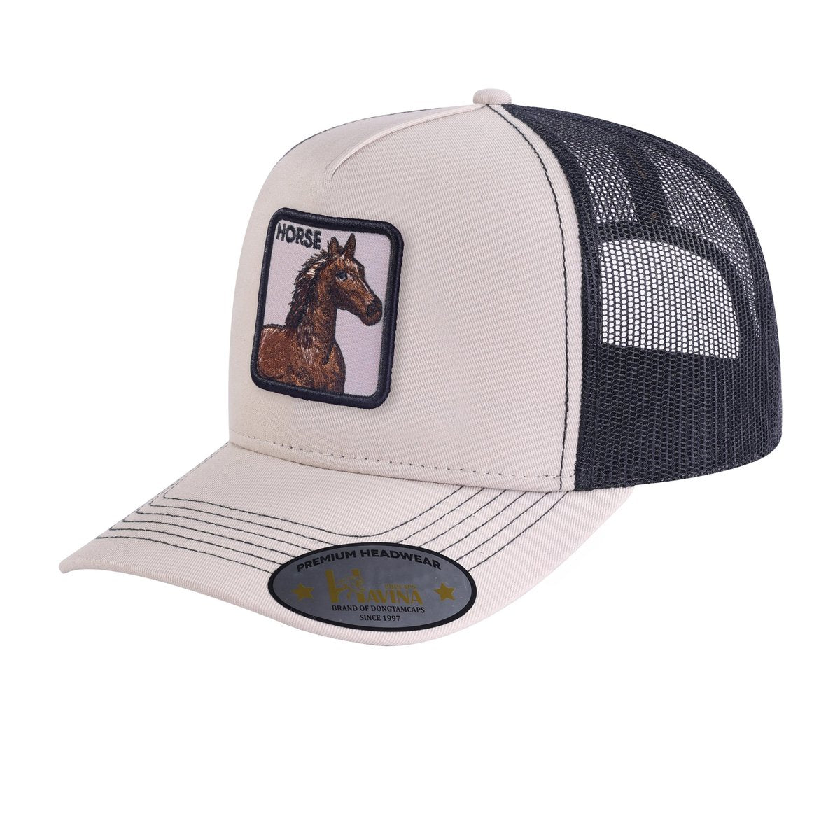 Unisex Embroidered The Horse, 5-Panel Trucker Hat, Beige/Black, Adjustable Fit