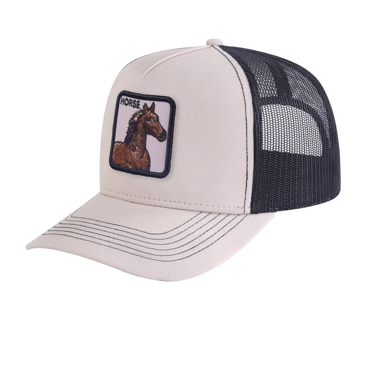 Unisex Embroidered The Horse, 5-Panel Trucker Hat, Beige/Black, Adjustable Fit