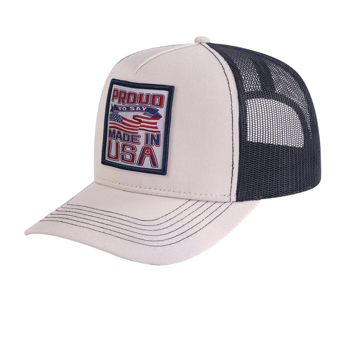 Unisex Embroidered Proud To Say Made In Usa, 5-Panel Trucker Hat, Beige/Black, Adjustable Fit