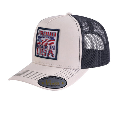 Proud to Say Made in USA 5-Panel Trucker Hat with Beige front and Black back