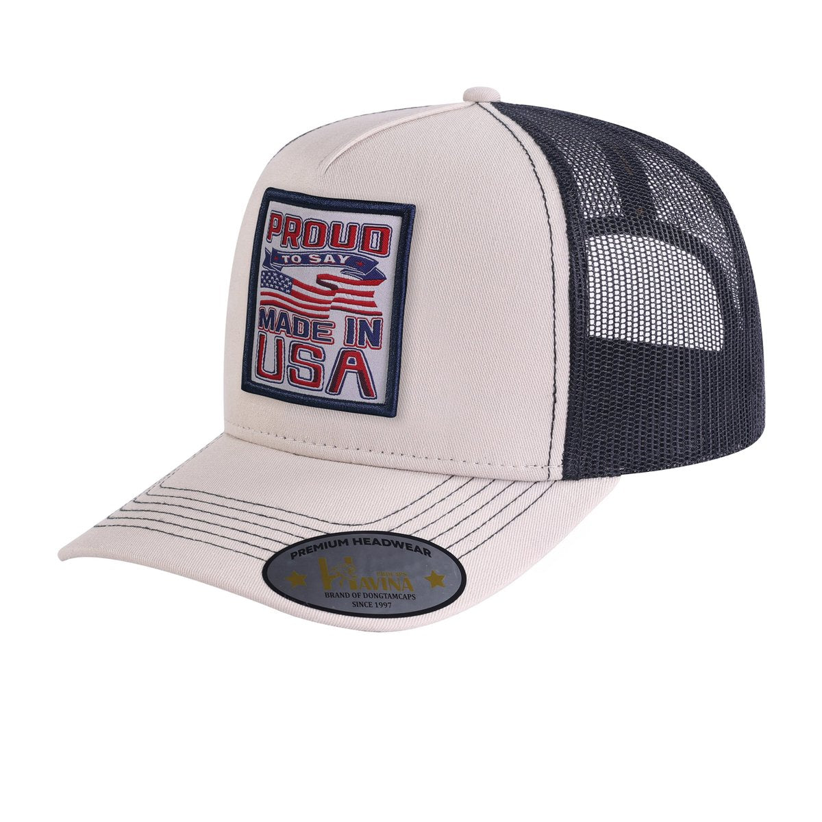 Unisex Embroidered Proud To Say Made In US, 5-Panel Trucker Hat, Beige/Black, Adjustable Fit