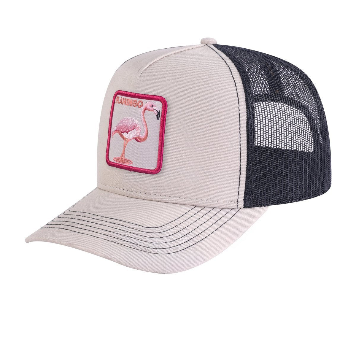 Unisex Embroidered The Flamingo, 5-Panel Trucker Hat, Beige/Black, Adjustable Fit