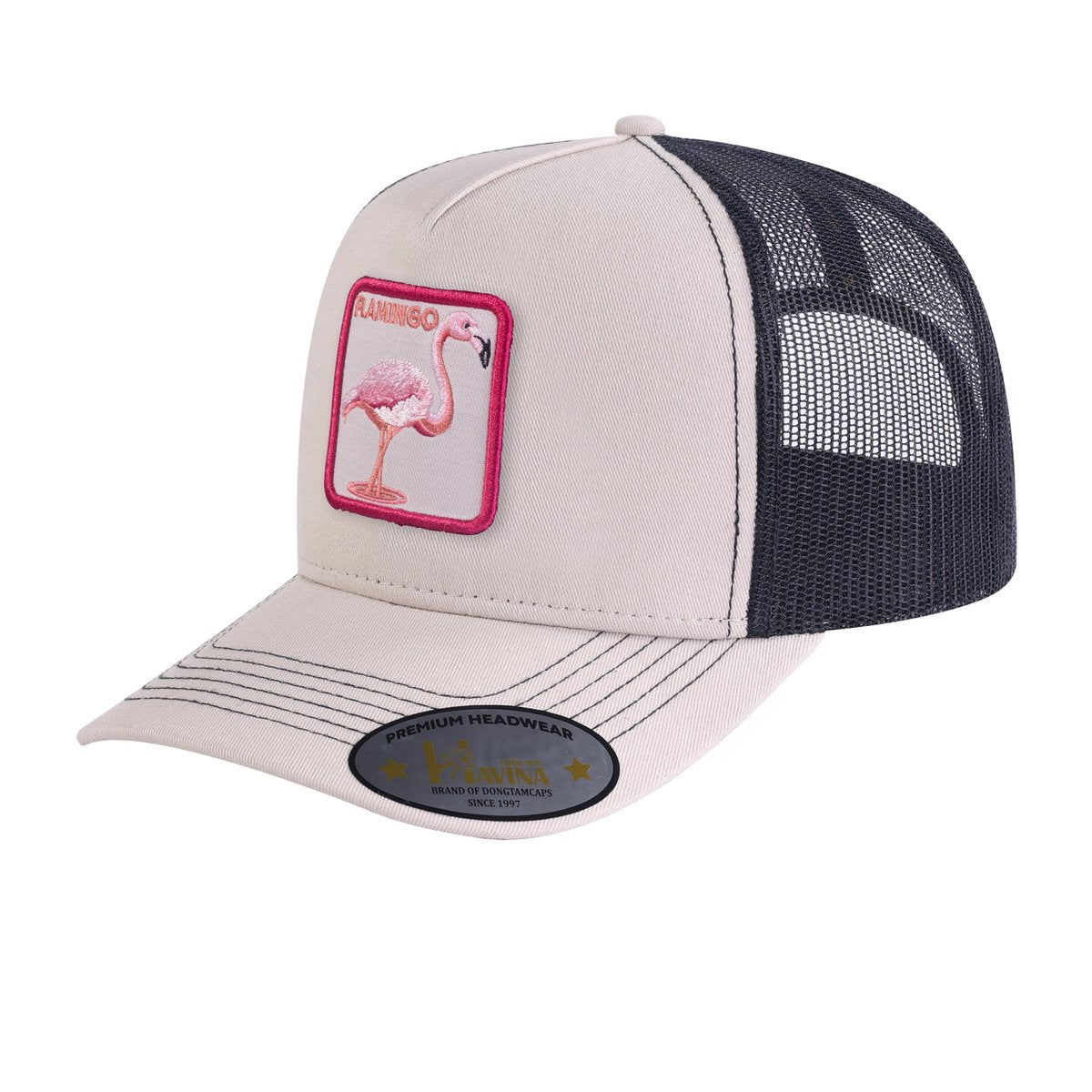 Unisex Embroidered The Flamingo, 5-Panel Trucker Hat, Beige/Black, Adjustable Fit