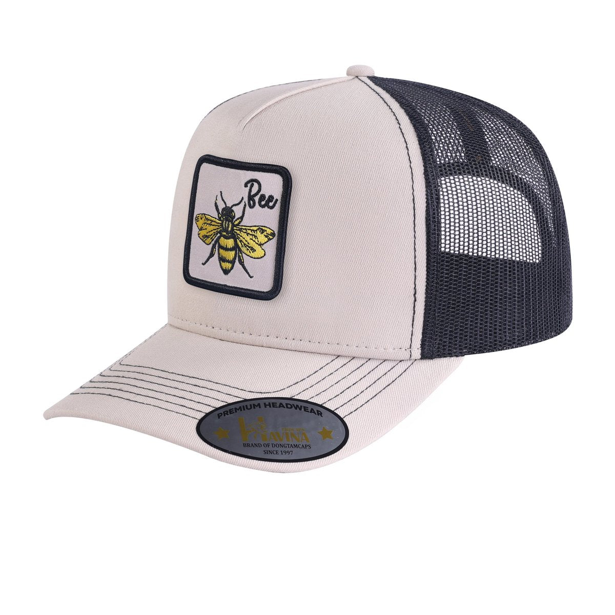 Unisex Embroidered The Bee, 5-Panel Trucker Hat, Beige/Black, Adjustable Fit
