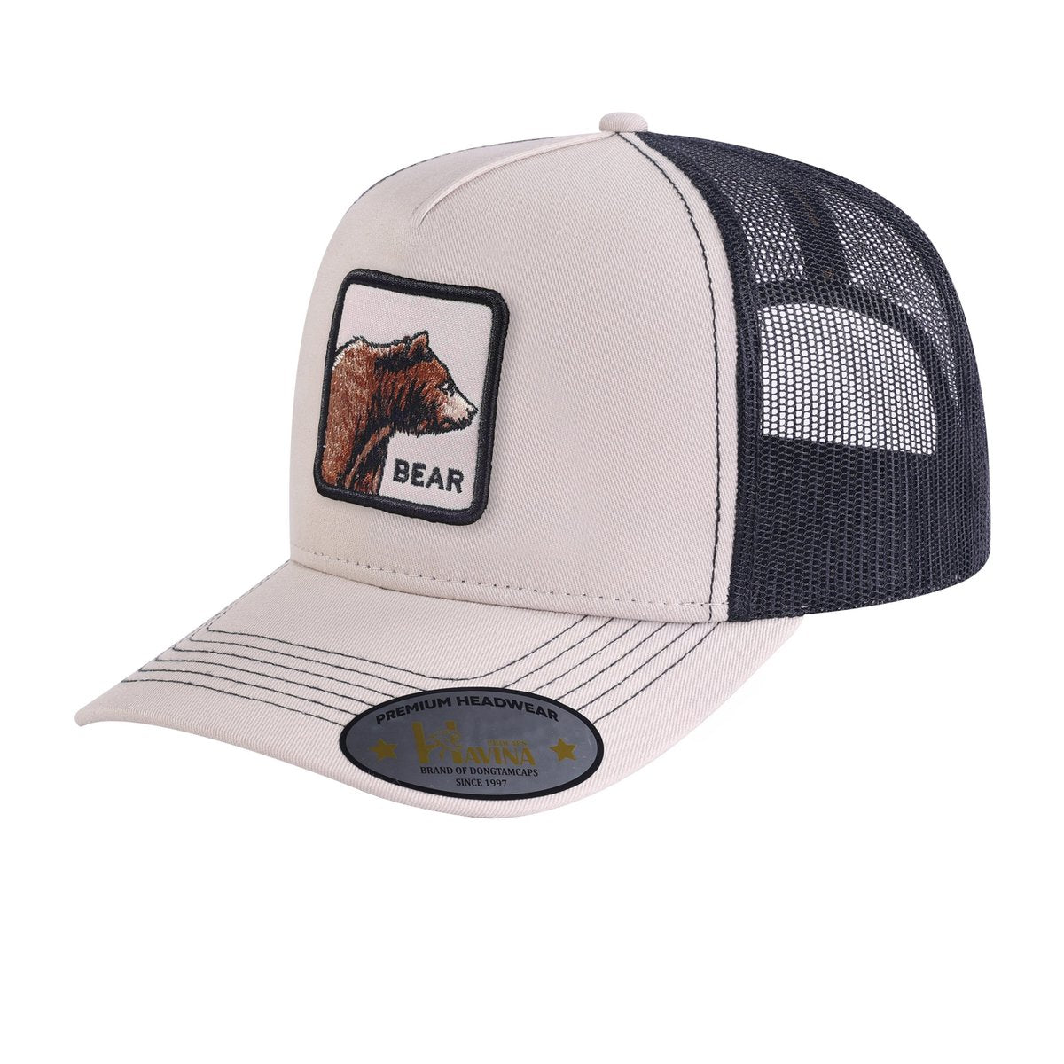 Unisex Embroidered The Bear, 5-Panel Trucker Hat, Beige/Black, Adjustable Fit