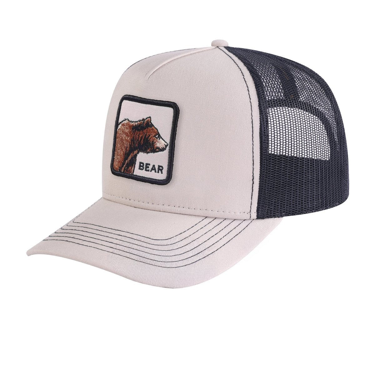 Unisex Embroidered The Bear, 5-Panel Trucker Hat, Beige/Black, Adjustable Fit