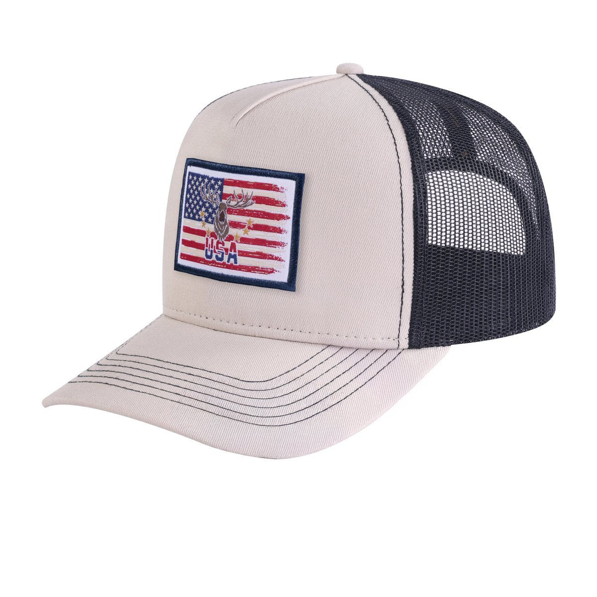 Unisex Embroidered Usa Deer Hunter, 5-Panel Trucker Hat, Beige/Black, Adjustable Fit