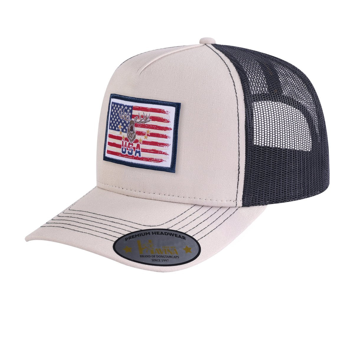 Embroidered US Deer Hunter - 5 Panel Trucker Hat - Beige/Black